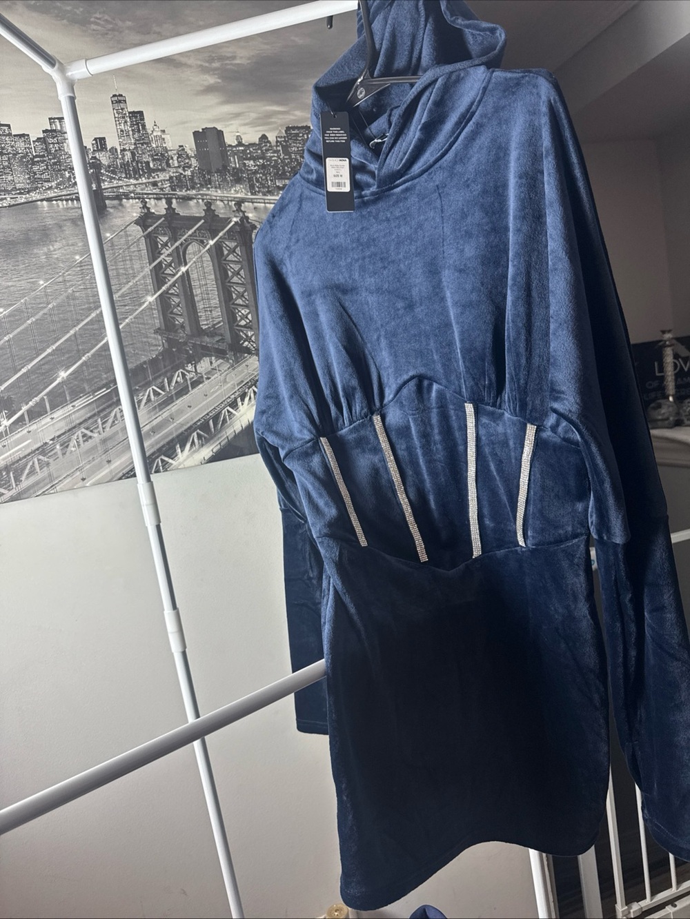Fashion Nova Navy Blue Velour Hooded Mini Dress